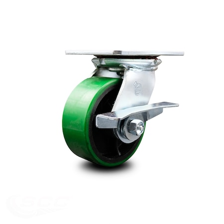 Service Caster 5 Inch Heavy Duty Green Poly on Cast Iron Caster with Ball Bearing and Brake SCC SCC-35S520-PUB-GB-SLB